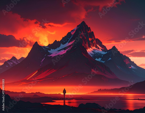A lone figure stands before a majestic mountain range under a vibrant, fiery red and orange sky, reflected in the still water.