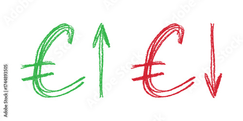Hand drawn euro currency symbol Growth and fall profit with arrow up and down Brush stroke doodle Element for design
