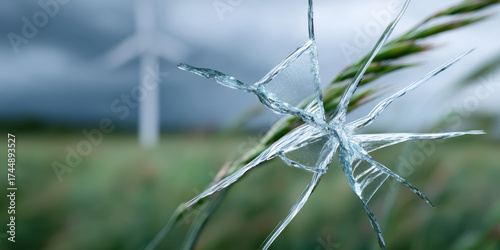 Somber view of climate change adaptation showing fragile challenge for green energy. wind turbine seen through broken glass symbolizes conflict of sustainable future