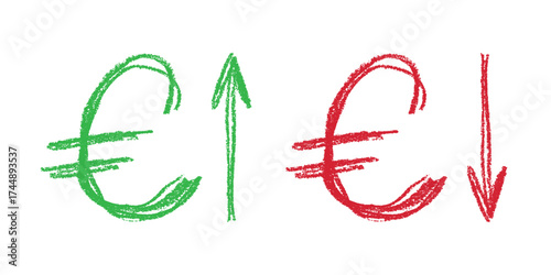 Hand drawn euro currency symbol Growth and fall profit with arrow up and down Brush stroke doodle Element for design