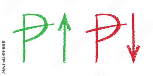 Hand drawn peseta currency symbol Growth and fall profit with arrow up and down Brush stroke doodle Element for design