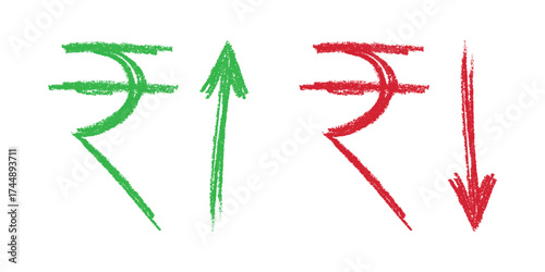 Hand drawn rupee currency symbol Growth and fall profit with arrow up and down Brush stroke doodle Element for design