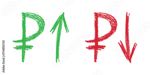 Hand drawn russian ruble currency symbol Growth and fall profit with arrow up and down Brush stroke doodle Element for design