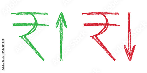 Hand drawn rupee currency symbol Growth and fall profit with arrow up and down Brush stroke doodle Element for design