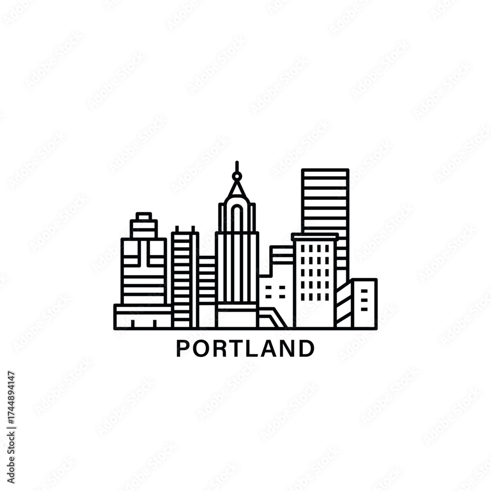 Obraz premium Porland skyline, horizon logo. USA Oregon state panoramic city icon with shape of landmarks, skyscrapers, buildings. Isolated thin line image, vector clipart