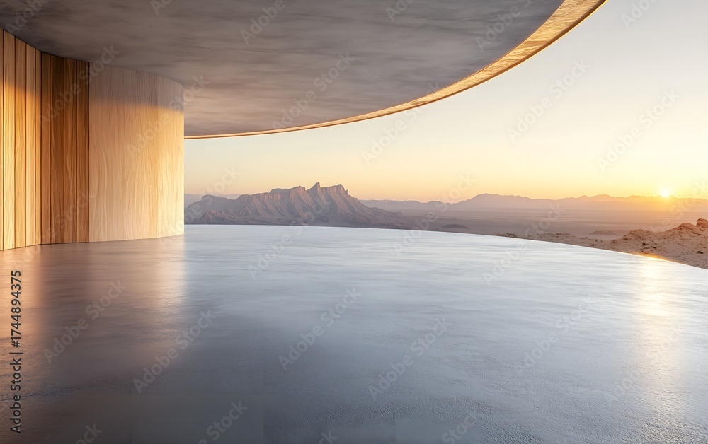 Fototapeta premium Modern Architecture Interior with Desert Mountain View at Sunset, Minimalist Design