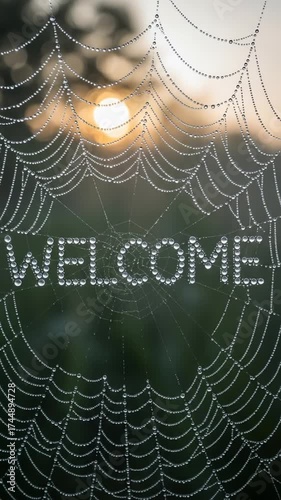 Welcome Message in a Spiderweb with a Beautiful Sunset Background.
