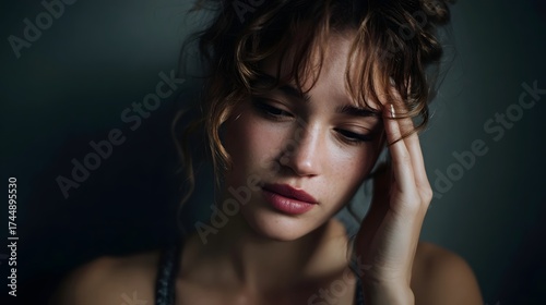 Close up portrait of a young woman with hand on forehead looking down with a pensive troubled expression in moody dim lighting