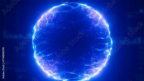 Energy Sphere in Digital Realm: An electrifying energy sphere pulsates with vibrant blue and purple hues, an abstract representation of technological power and futuristic innovation. 
