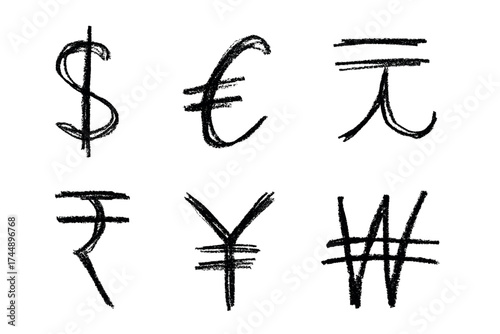 Hand drawn multiple currencies symbol set Dollar euro yuan yen won rupee