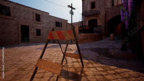 Εκτύπωση καμβά A construction barrier blocks a cobblestone path in a charming village
