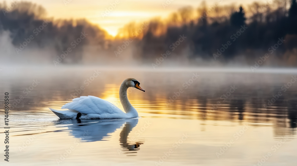 Obraz premium Graceful swan gliding across misty lake at sunrise, creating serene atmosphere
