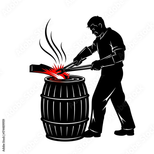 Vector Silhouette of a Blacksmith Quenching Red-Hot Metal in Water