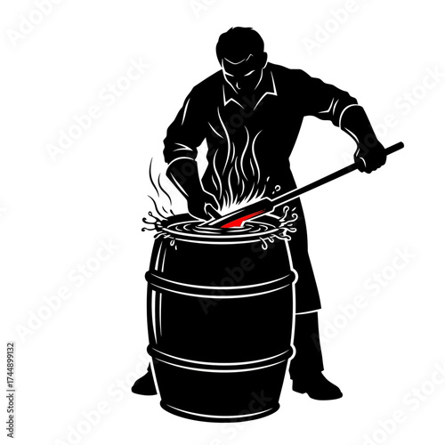 Vector Silhouette of a Blacksmith Quenching Red-Hot Metal in Water