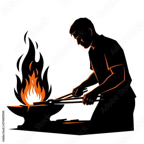 Vector Silhouette of a Blacksmith Placing Metal into a Fiery Forge with Tongs