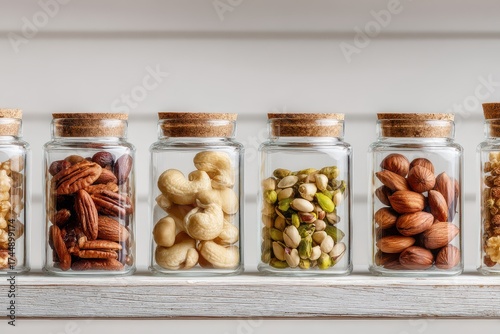 Glass Jars Filled with Various Nuts on Wooden Shelf Display