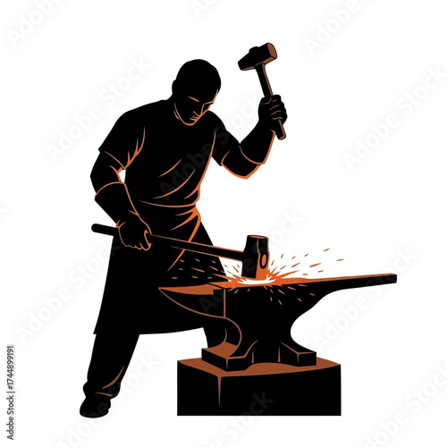 Silhouette of a Blacksmith Forging Metal on an Anvil, Hammer Mid-Swing