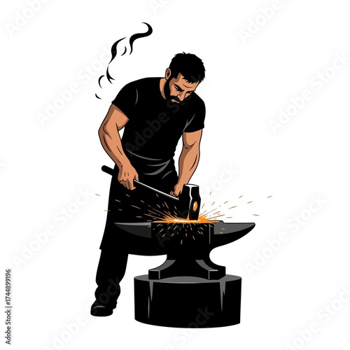 Silhouette of a Blacksmith Forging Metal on an Anvil, Hammer Mid-Swing
