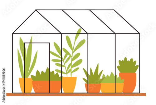 Lush plants thriving inside a transparent greenhouse structure, symbolizing growth and nature