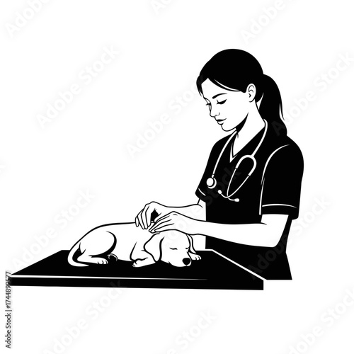 Compassionate Vector Silhouette of a Female Vet Examining a Pet