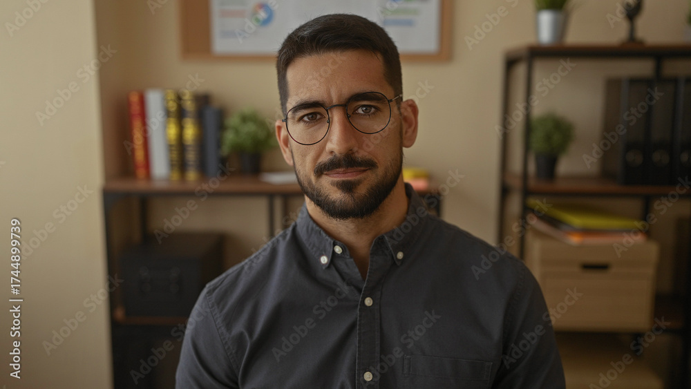Obraz premium Young hispanic man in an office gestures no with finger against a background of shelves and books