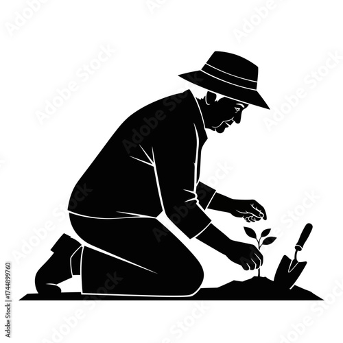 Silhouette of a Senior Citizen Gently Planting a Seedling While Gardening