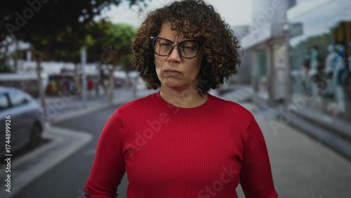 Fotografi Woman frowning on street wearing glasses amid urban storefronts and blurred vehicles under gray sky; annoyance