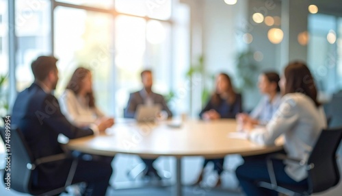 Blurry group of various experts is having a roundtable meeting in the conference room.