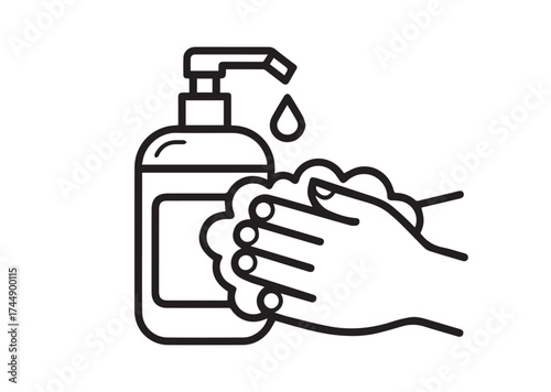 Liquid soap and washed hands line art vector