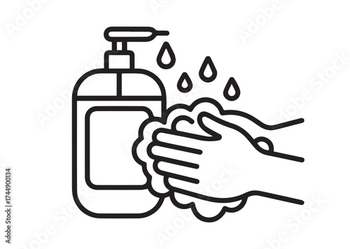 Liquid soap and washed hands line art vector
