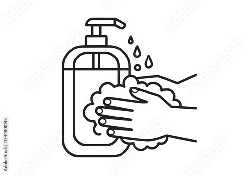Liquid soap and washed hands line art vector
