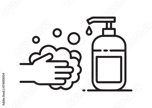 Liquid soap and washed hands line art vector