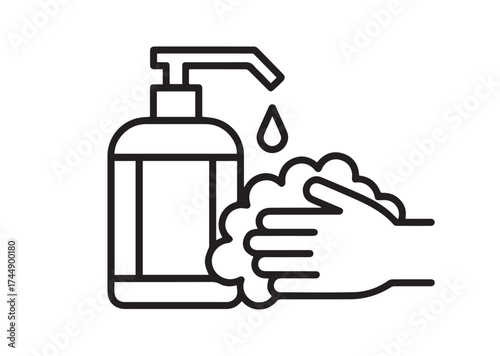 Liquid soap and washed hands line art vector