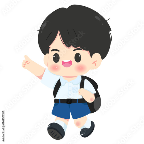 Happy Asian School Boy Character Pointing Upward, Confident Student Cartoon Vector Illustration.