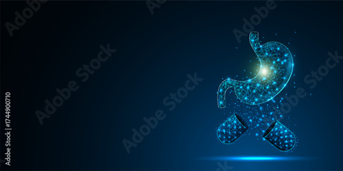 Abstract 3D gastric illustration human stomach organ with open capsule, pill and drug in geometric low poly wireframe style. Concept care, pain, science, and technology. Vector illustration.