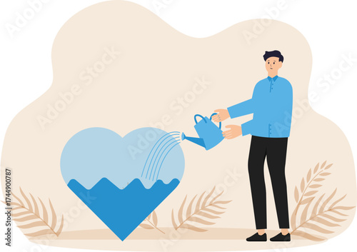 Work passion and motivation to success and win business competition, mindset or attitude to work,businessman pouring water to fulfill heart shape for passion
