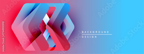 Abstract geometric shapes overlap, creating vibrant color gradients. Red transitions to blue, forming modern background design.