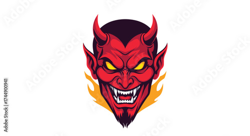 A menacing red devil face with sharp teeth and fiery horns.