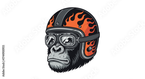 A primate in a motorcycle helmet with flame graphics and goggles looking serious.