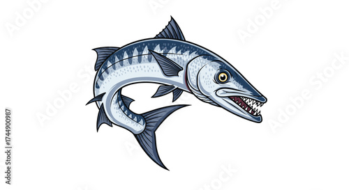 A predatory barracuda displays its sharp teeth and powerful fins in this pixel art.
