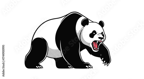 A large panda bear with an open mouth and sharp teeth