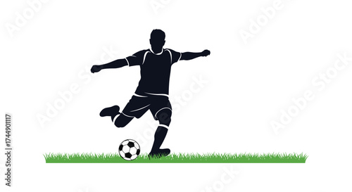 Silhouette of a soccer player kicking a ball on a grass field in a dynamic pose.