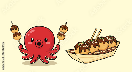 A cute red octopus with four takoyaki on skewers and a boat full of takoyaki.
