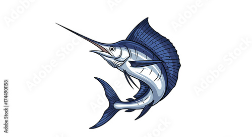 Majestic blue marlin breaching the ocean surface with a sharp spear-like bill and large dorsal fin.