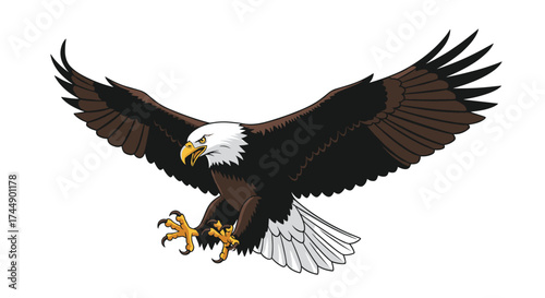 A majestic bald eagle soaring through the sky with wings spread wide.