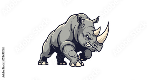 A powerful aggressive rhinoceros charging forward with determination and strength.