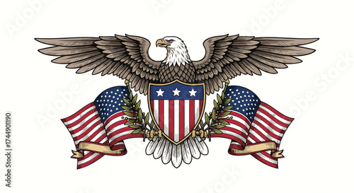 An eagle holding a shield with american flags behind it.