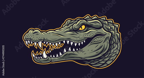 A ferocious alligator head with sharp teeth and yellow eyes.
