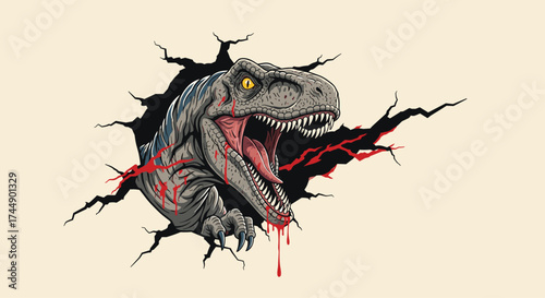 A terrifying t rex bursting through a wall covered in blood.