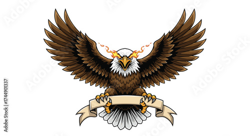 Majestic eagle with open wings holding a banner in its talons and beak.